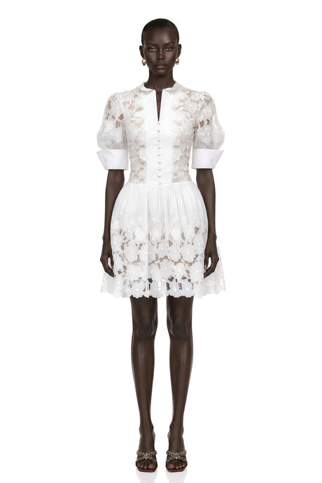 Mariolina Mini Dress White Floral Appliqué with Cut-Outs
