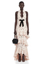 Mallory Maxi Dress Beige Halterneck Tiered Lace with Bow Detail