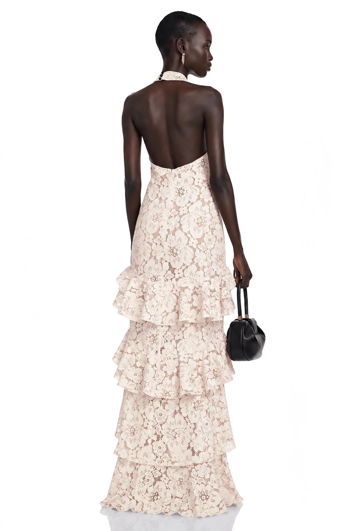 Mallory Maxi Dress Beige Halterneck Tiered Lace with Bow Detail