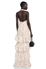 Mallory Maxi Dress Beige Halterneck Tiered Lace with Bow Detail