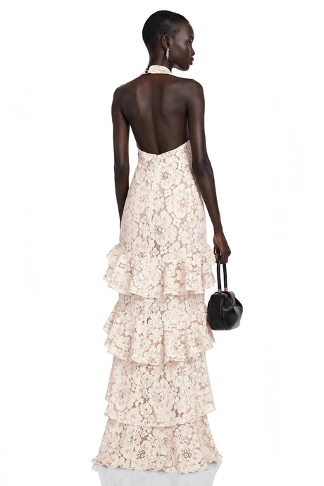 Mallory Maxi Dress Beige Halterneck Tiered Lace with Bow Detail