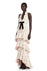 Mallory Maxi Dress Beige Halterneck Tiered Lace with Bow Detail