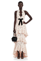 Mallory Maxi Dress Beige Halterneck Tiered Lace with Bow Detail