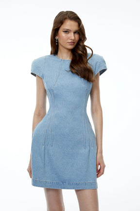 Sabina Mini Dress Blue Denim with Cap Sleeves