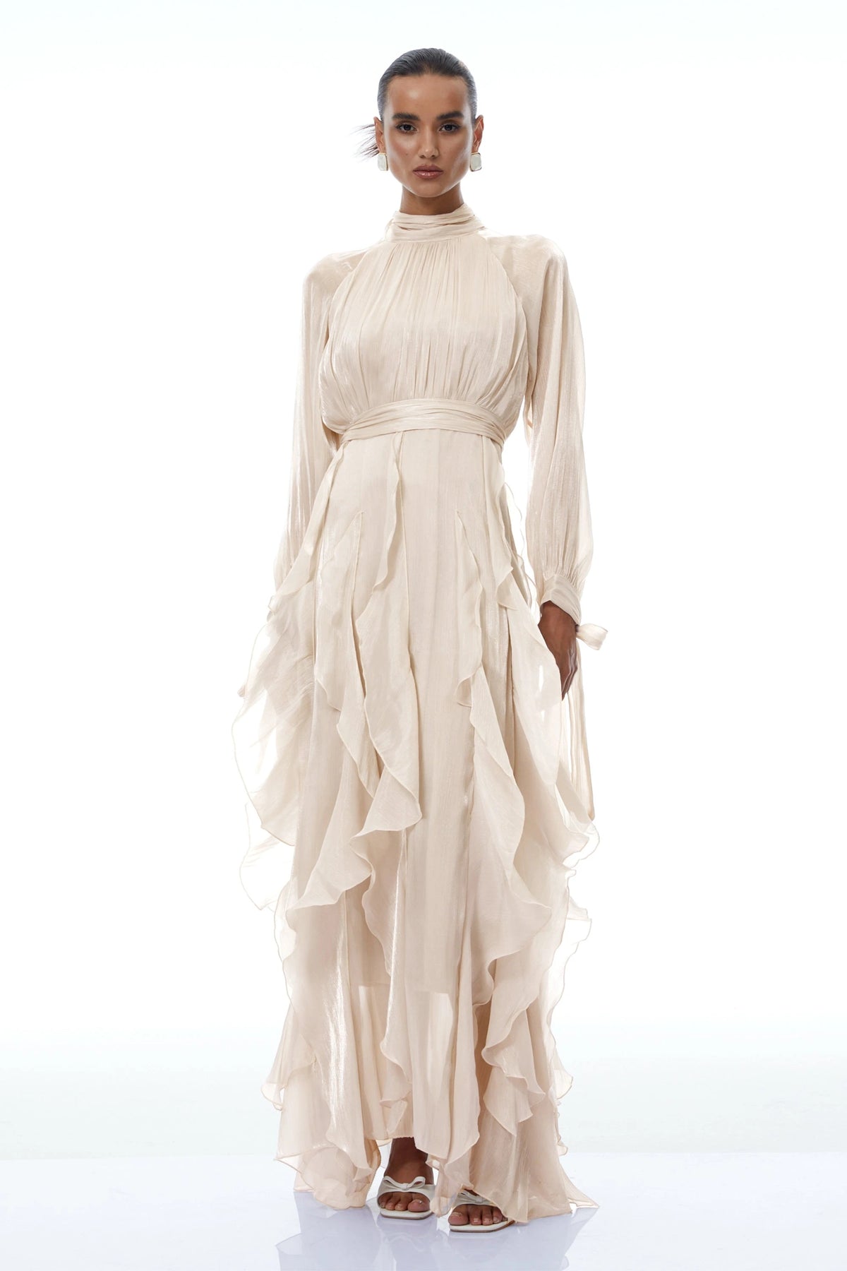 Rinata Maxi dress Neutral Glossy Pleated Ruffled