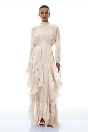 Rinata Maxi dress Neutral Glossy Pleated Ruffled