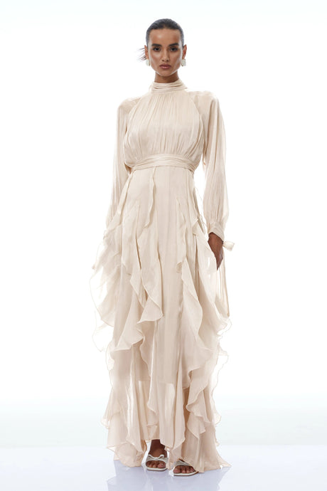 Rinata Maxi dress Neutral Glossy Pleated Ruffled