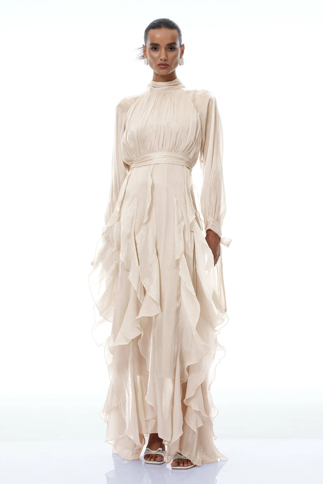 Rinata Maxi dress Neutral Glossy Pleated Ruffled