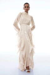 Rinata Maxi dress Neutral Glossy Pleated Ruffled
