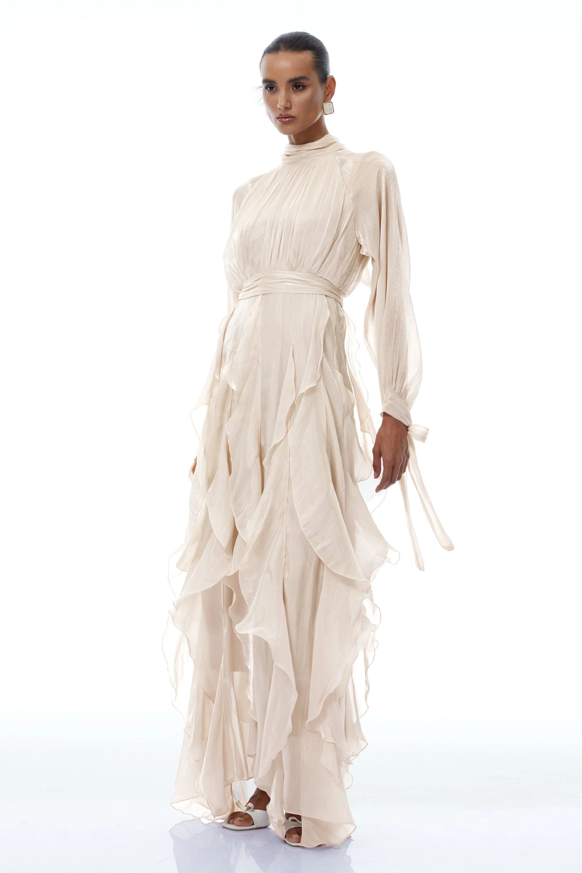 Rinata Maxi dress Neutral Glossy Pleated Ruffled