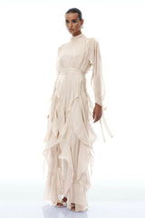 Rinata Maxi dress Neutral Glossy Pleated Ruffled