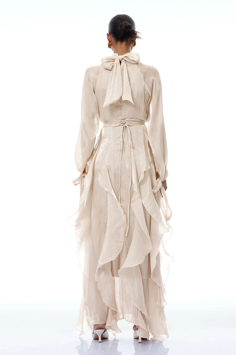 Rinata Maxi dress Neutral Glossy Pleated Ruffled