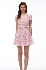 Laura Mini Dress Pink Round Neck Floral Lace