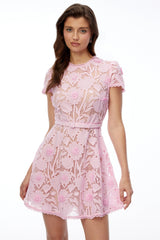 Laura Mini Dress Pink Round Neck Floral Lace
