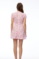Laura Mini Dress Pink Round Neck Floral Lace