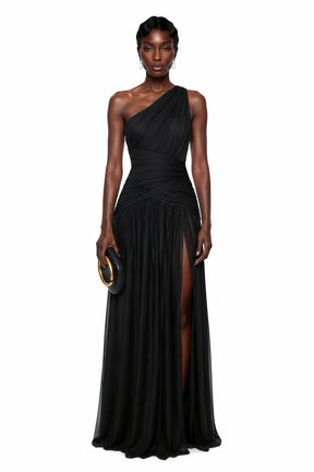 Veronica Maxi Dress Black One Shoulder Cross Front Ruched
