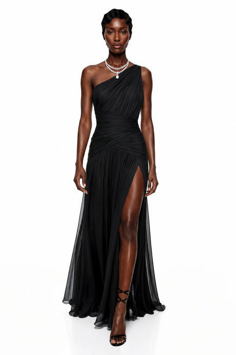 Veronica Maxi Dress Black One Shoulder Cross Front Ruched
