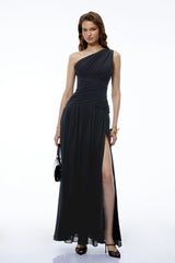 Kaitlyn Maxi Dress Black One Shoulder Cross Front Ruched