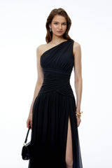 Kaitlyn Maxi Dress Black One Shoulder Cross Front Ruched