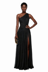 Veronica Maxi Dress Black One Shoulder Cross Front Ruched