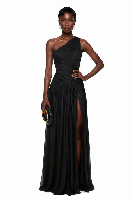 Veronica Maxi Dress Black One Shoulder Cross Front Ruched