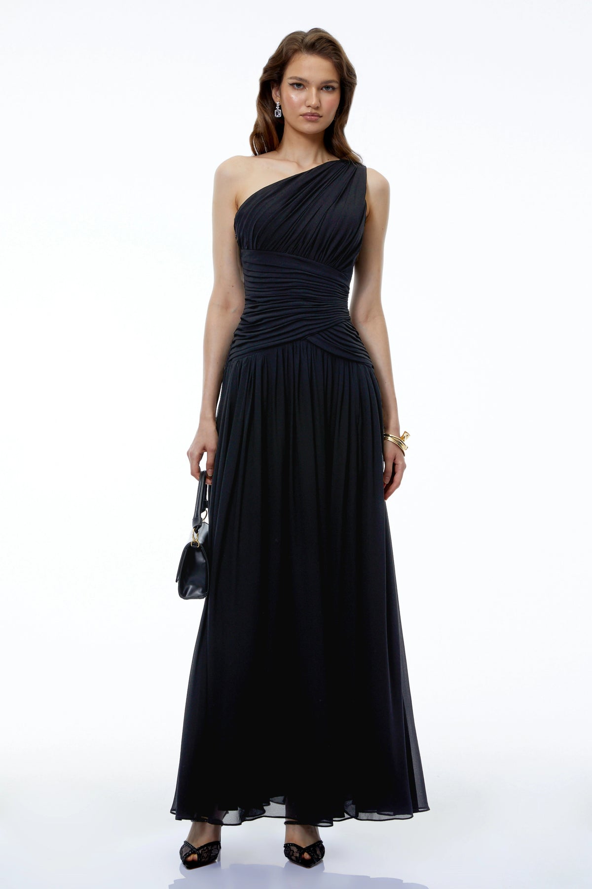 Kaitlyn Maxi Dress Black One Shoulder Cross Front Ruched