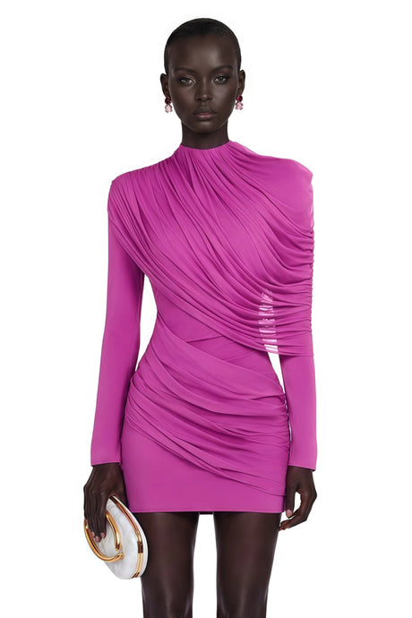 Kenzie Mini Dress Fuchsia Draped Long Sleeves