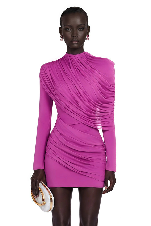 Kenzie Mini Dress Fuchsia Draped Long Sleeves