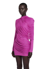 Kenzie Mini Dress Fuchsia Draped Long Sleeves