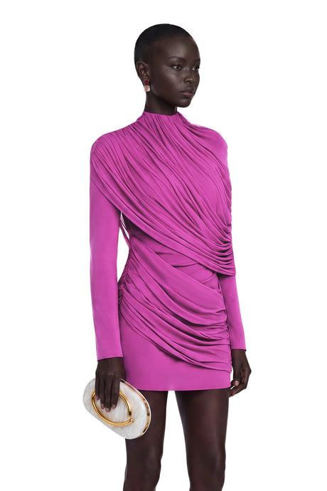 Kenzie Mini Dress Fuchsia Draped Long Sleeves