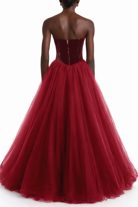 Giuseppina Red Ball Maxi Gown with Mesh Panels