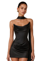 Daria Mini Dress Black Ruched Ribbon Detail