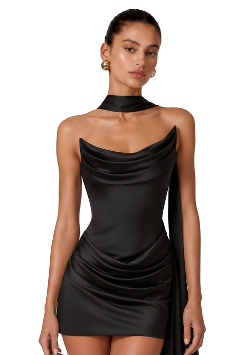 Daria Mini Dress Black Ruched Ribbon Detail