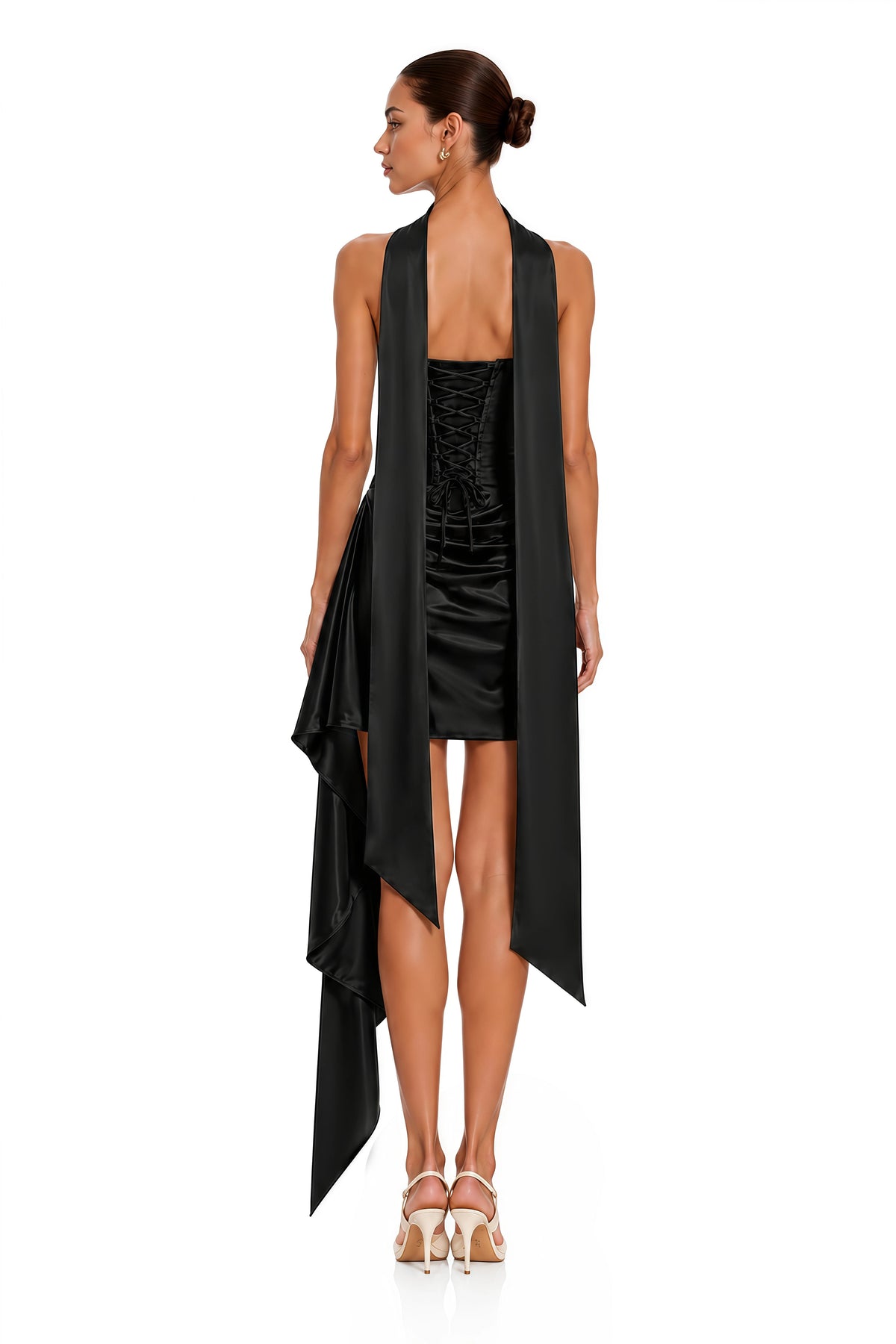 Daria Mini Dress Black Ruched Ribbon Detail
