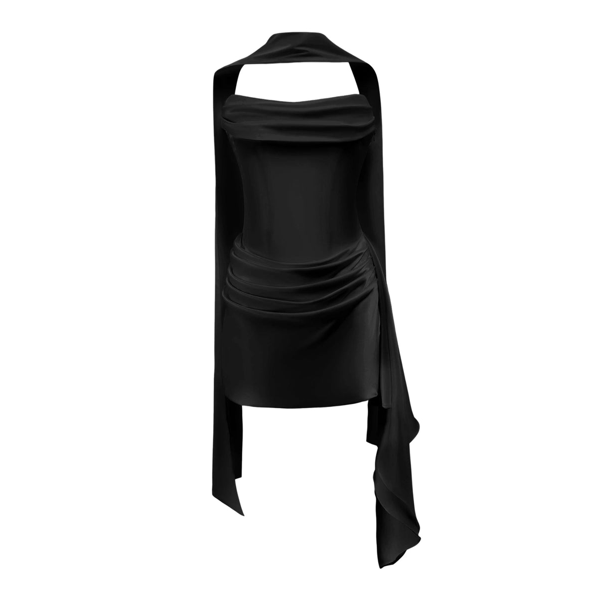 Daria Mini Dress Black Ruched Ribbon Detail