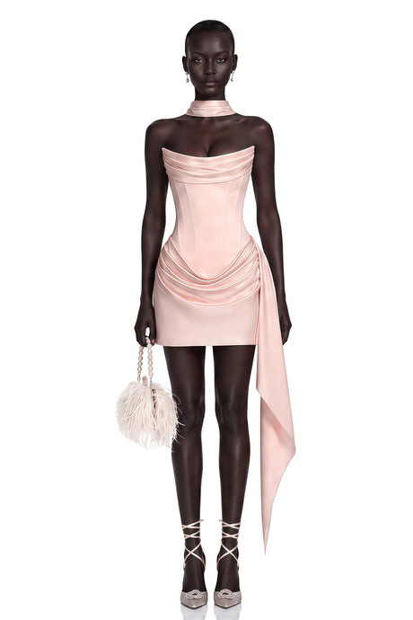 Ornella Mini Dress Pink Ruched Ribbon Detail