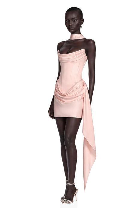 Ornella Mini Dress Pink Ruched Ribbon Detail