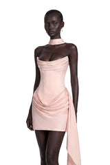 Ornella Mini Dress Pink Ruched Ribbon Detail