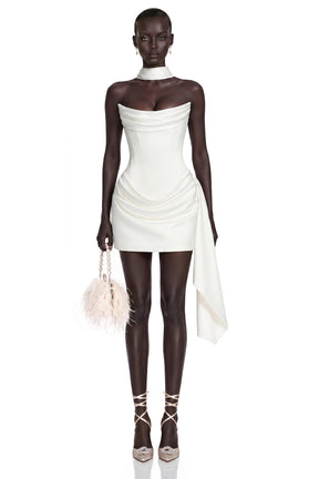Isabelle Mini Dress White Ruched Ribbon Detail