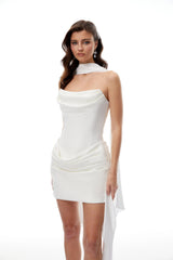 Landry Mini Dress White Ruched Ribbon Detail