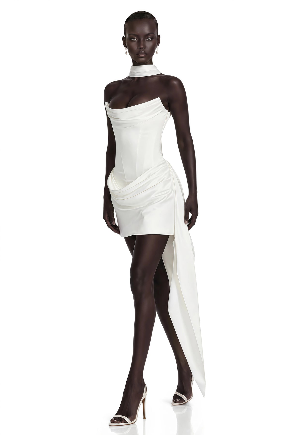 Isabelle Mini Dress White Ruched Ribbon Detail