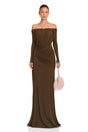 Veronika Maxi Dress Brown Asymmetrical Draped Mesh