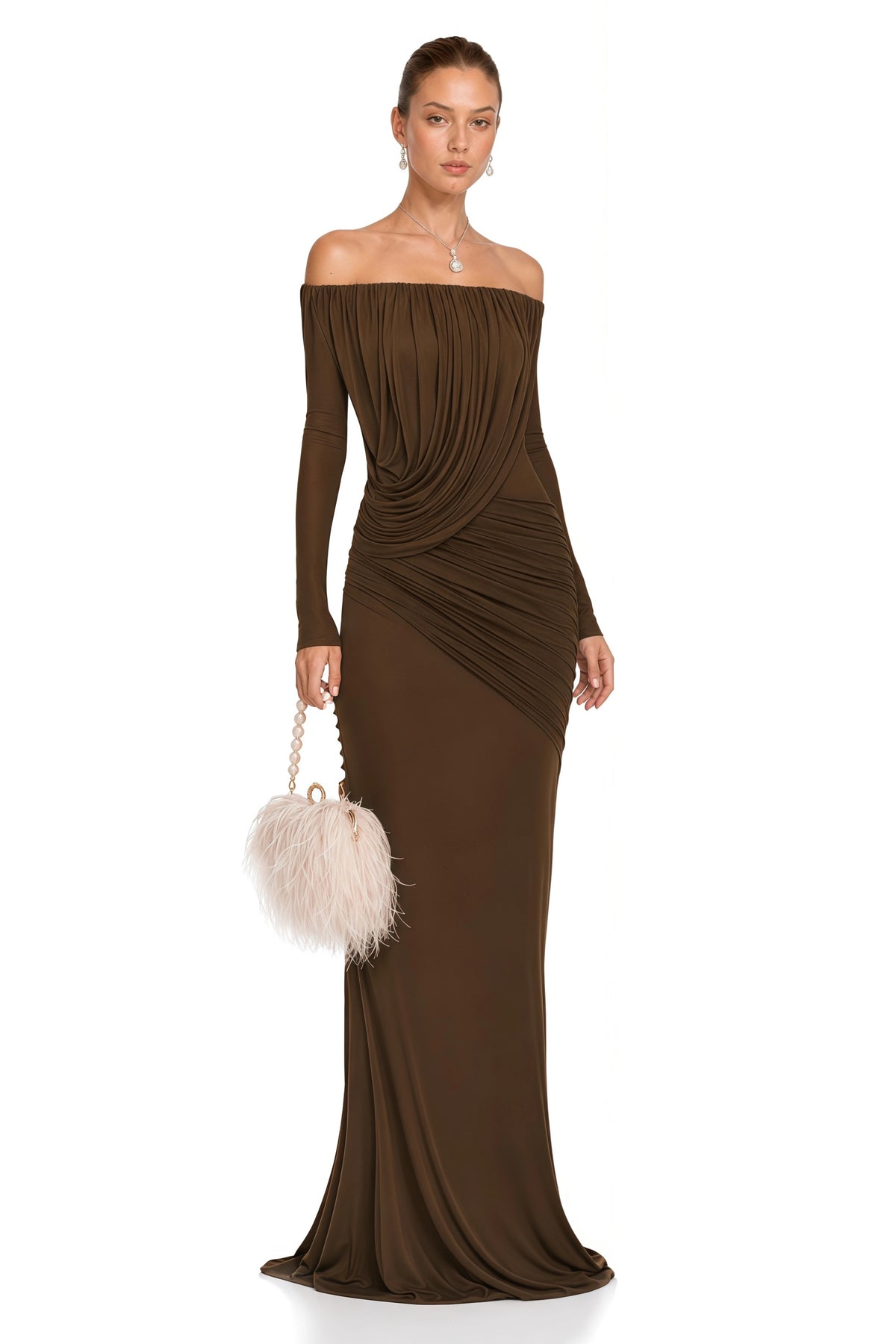 Veronika Maxi Dress Brown Asymmetrical Draped Mesh