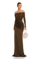 Veronika Maxi Dress Brown Asymmetrical Draped Mesh