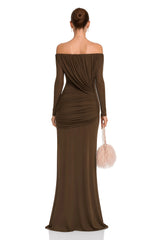 Veronika Maxi Dress Brown Asymmetrical Draped Mesh