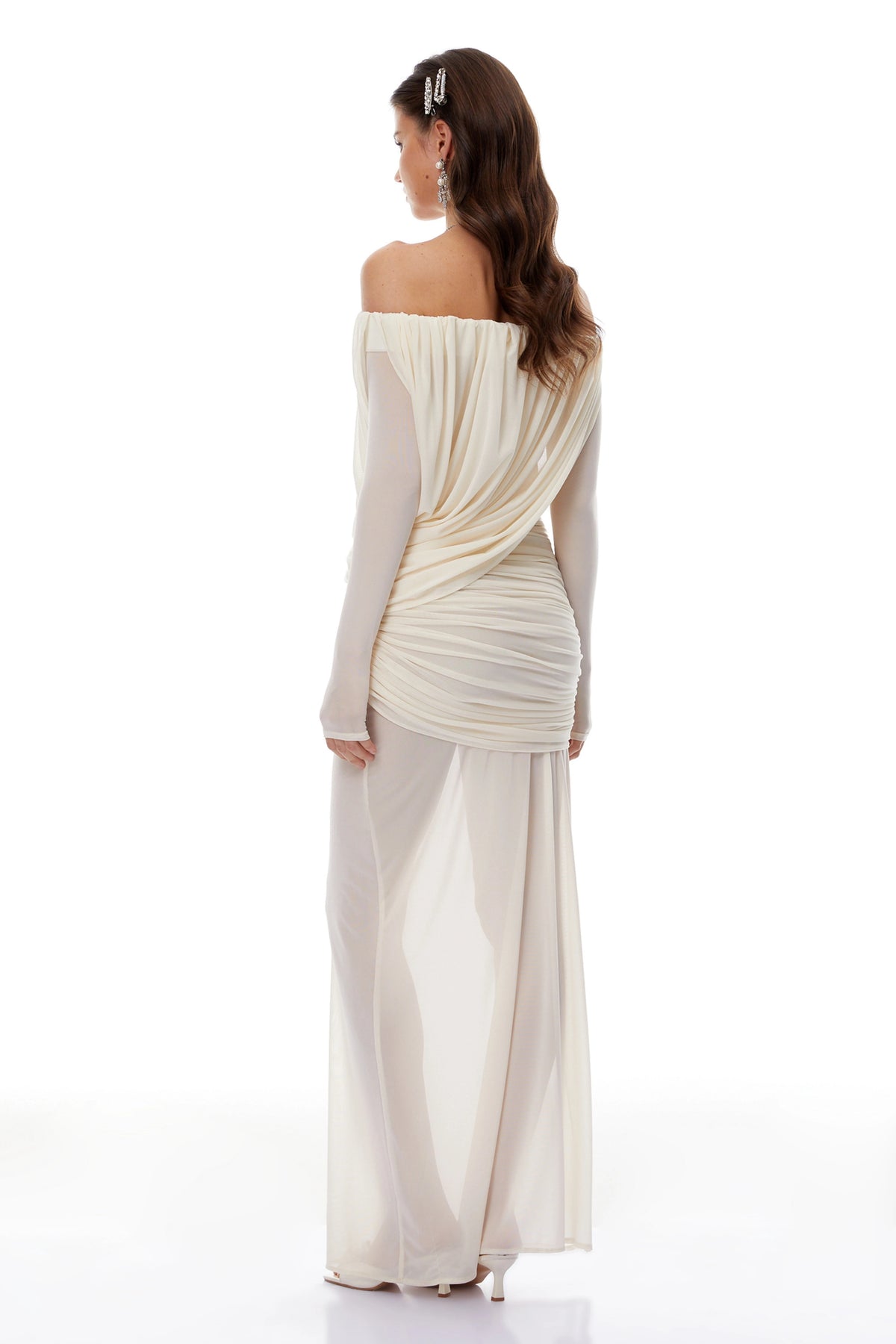 Carmina Maxi Dress White Asymmetrical Draped Mesh