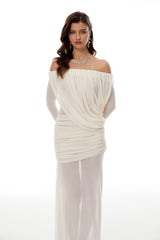Carmina Maxi Dress White Asymmetrical Draped Mesh