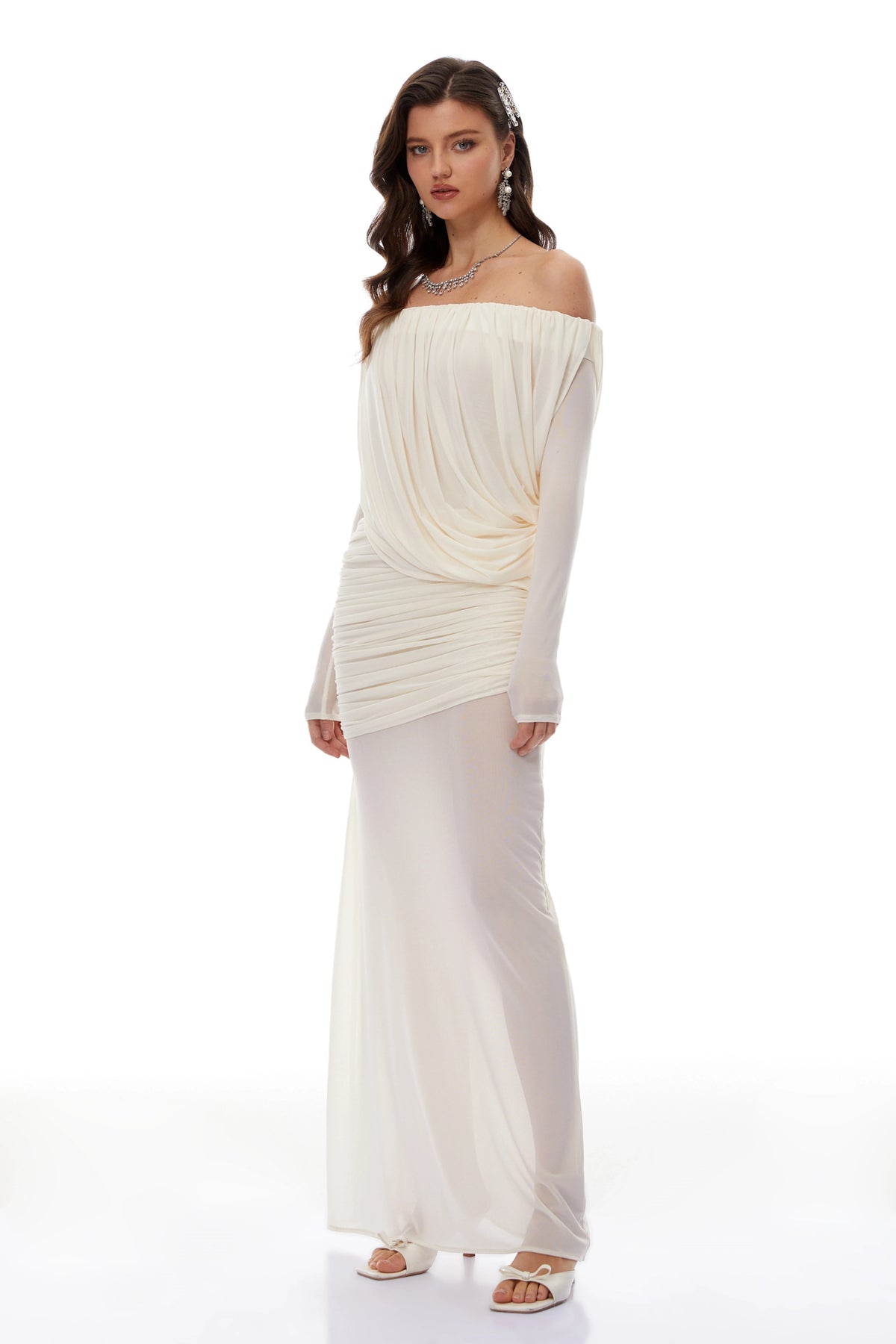 Carmina Maxi Dress White Asymmetrical Draped Mesh