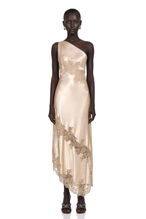 Lauretta Maxi Dress Champagne Satin with Lace Panels