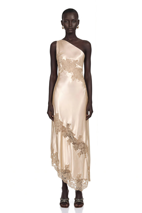 Lauretta Maxi Dress Champagne Satin with Lace Panels
